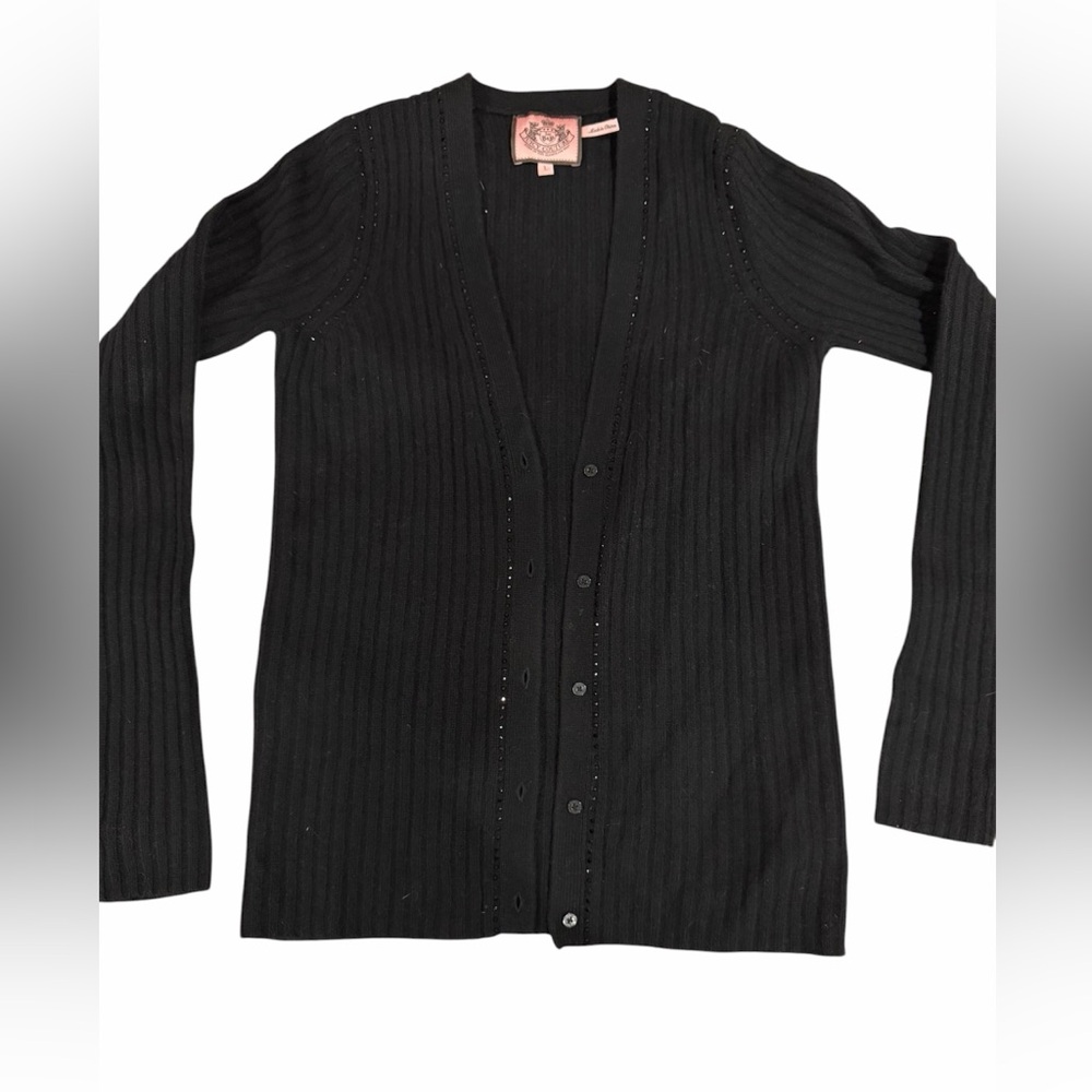 Juicy Couture Rhinestone Black Ribbed Button-Front Cardigan